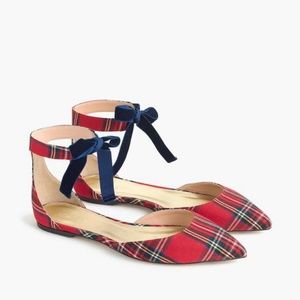 J. Crew Plaid Ankle Strap d'Orsay Flats Tartan Red